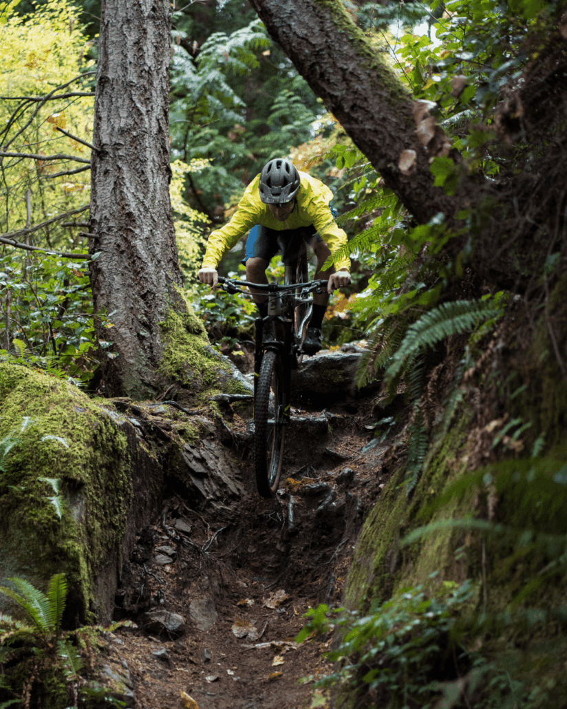 je ziet een mountainbiker naar beneden gaan in het bos